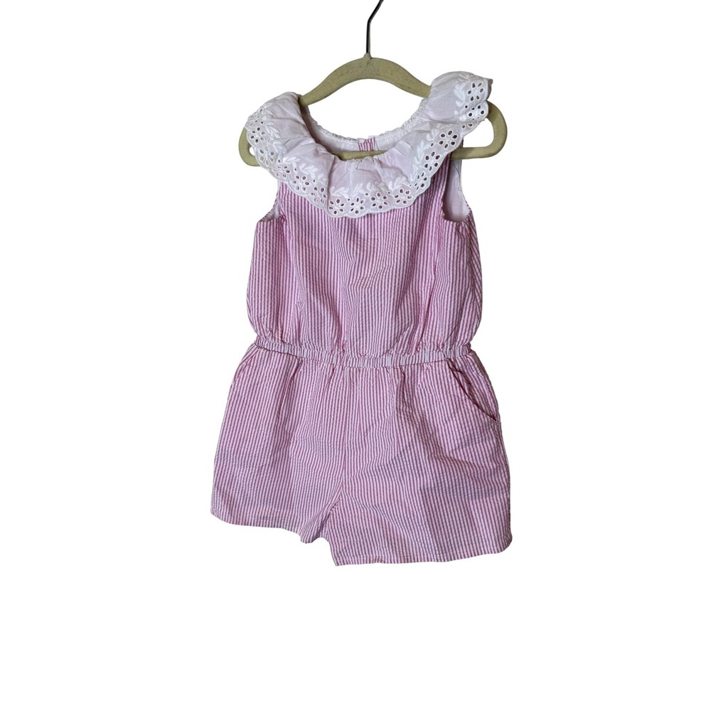Janie And‎ Jack Romper Girls 4 Pink White Stripe Eyelet Collar Seersucker Summer